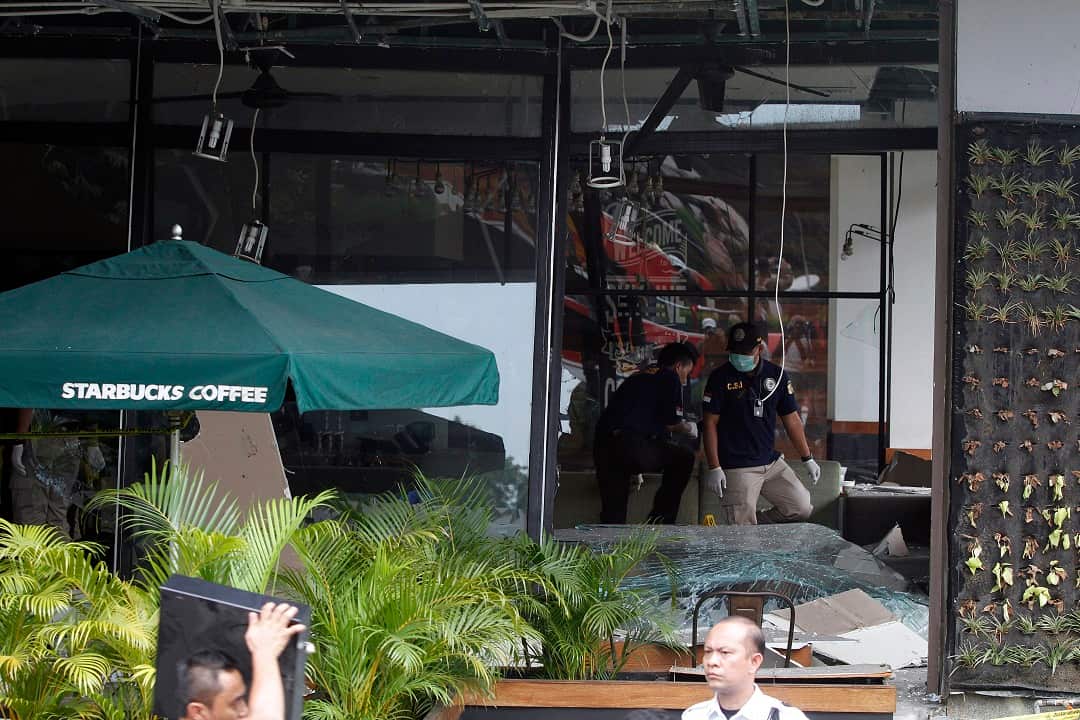 The scene of a bomb blast at Starbucks in Jakarta in January 2016. 