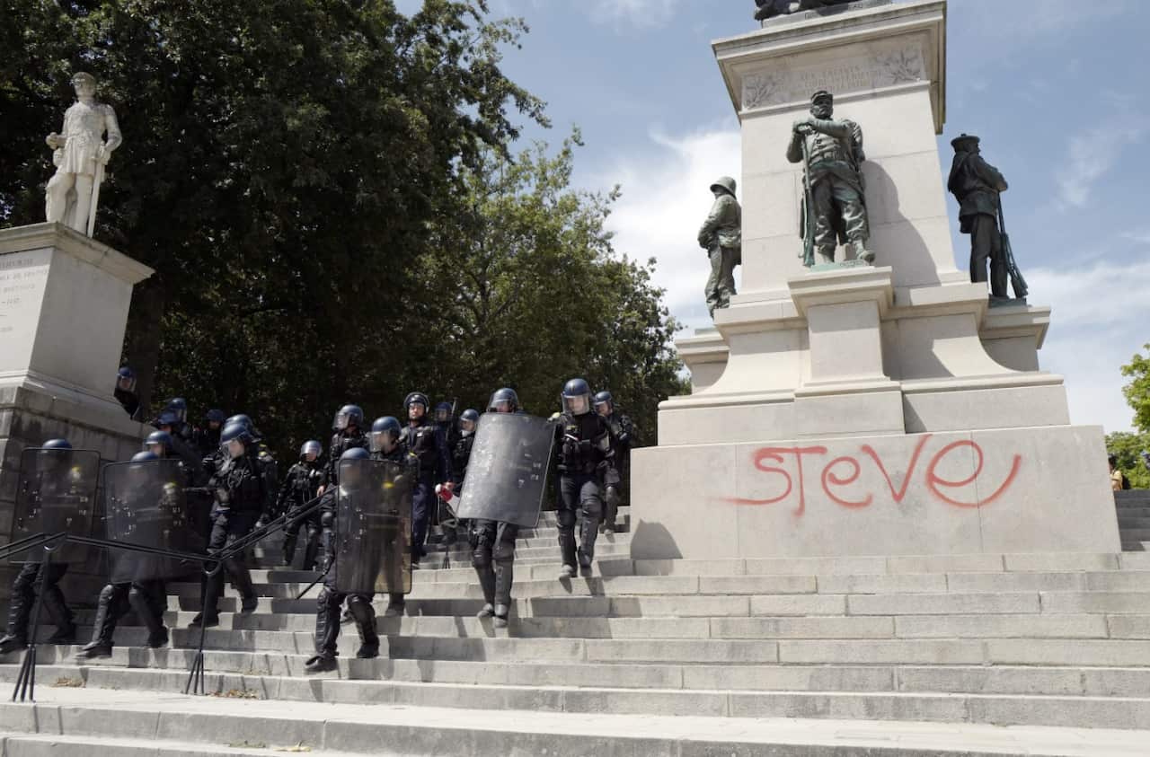 Riot mobile gendarmes are deployed during a rally in central Nantes, France, 03 August 2019, called in memory of Steve Maia Canico.