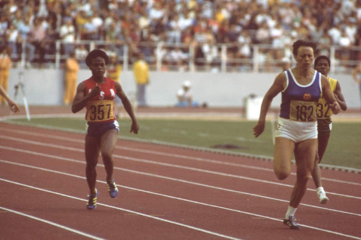 East German Renate Stecher (right) winning a bronze medal in the 200m sprint at the 1976 Olympics. She was later implicated in the drug scandal (Getty) 
