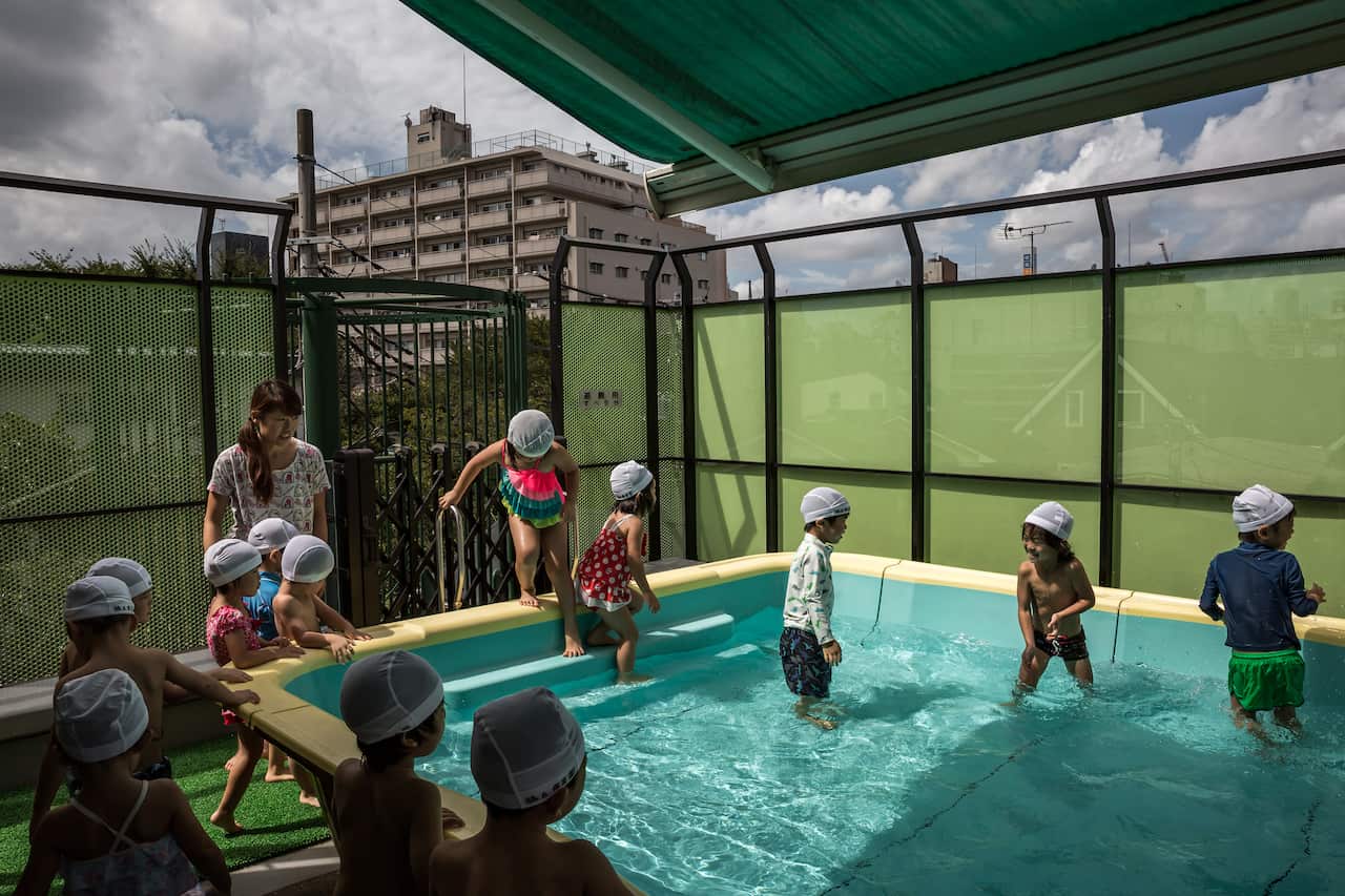 Swimming lessons at Midorigaoka Nursery School, in Tokyo.