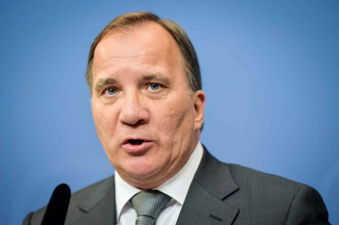 Sweden's Prime Minister Stefan Lofven speaks during a press conference in Stockholm, Monday, July 24, 2017, addressing the data leak.