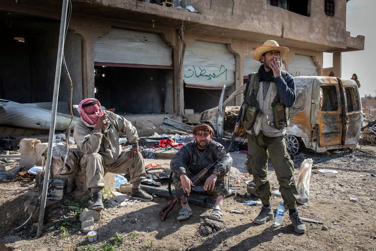 American-backed Syrian Democratic Forces fighters near the village of Baghuz, the last town in Syria held by the Islamic State, on Feb. 2, 2019. 