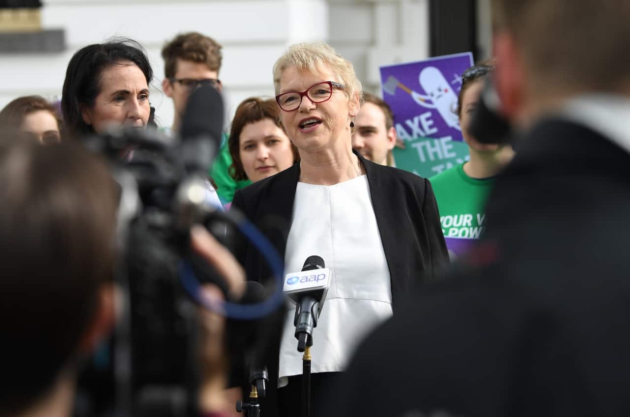 Victorian Greens Senator Janet Rice (centre) addresses the media outside of the Commonwealth Parliament Offices in Melbourne, Wednesday, October 3, 2018.