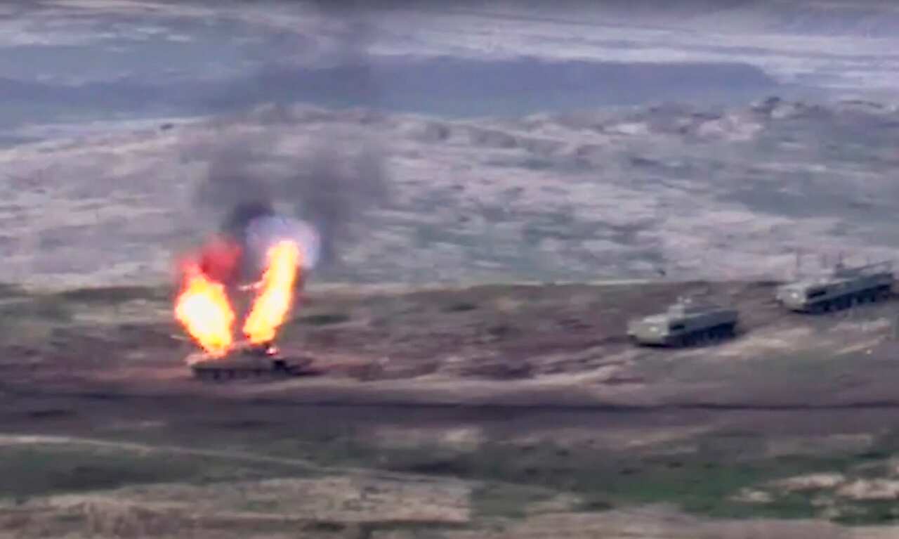 Armenian forces destroy Azerbaijani tank at the contact line of the self-proclaimed Republic of Nagorno-Karabakh, Azerbaijan. 