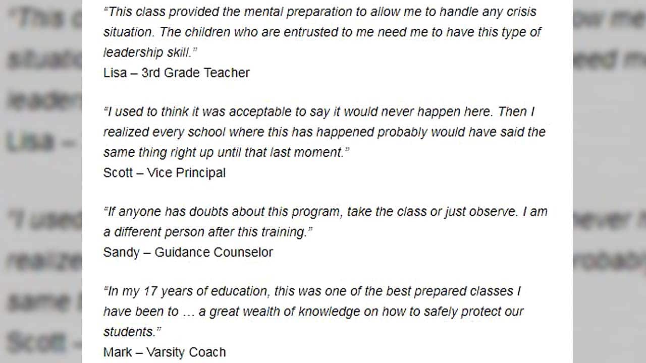 Testimonials from the Faculty/Administrator Safety Training and Emergency Response (FASTER) Program.