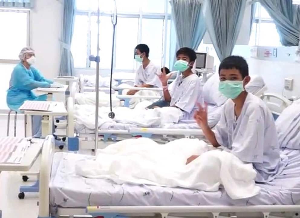 The Thai Government released the first image of the boys being treated at the hospital in Chiang Rai province.