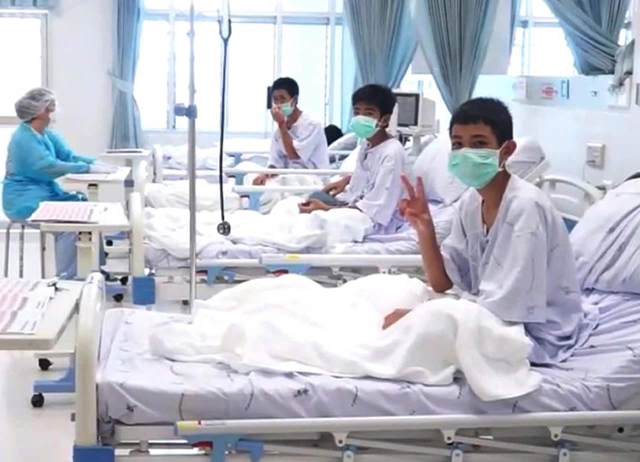 The first footage of the Thai boys in hospital has been released.