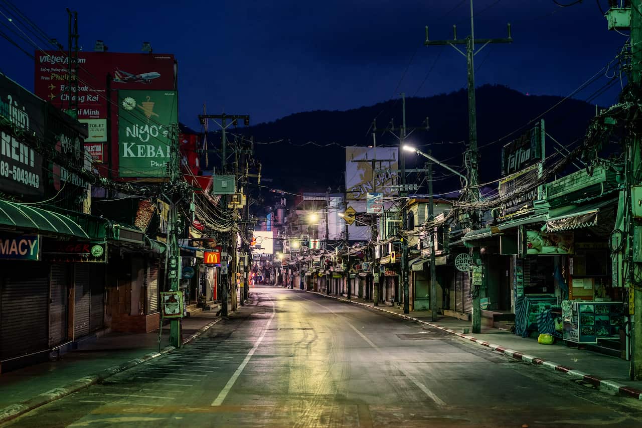 A popular entertainment street, just before curfew, was closed down due to a localised coronavirus outbreak, in Phuket, Thailand, March 30, 2020.  