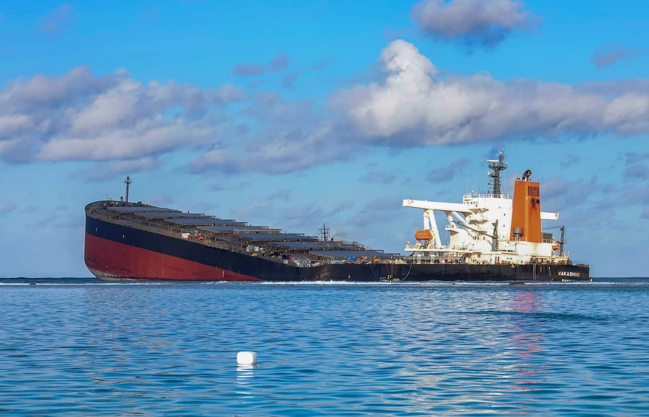 The MV Wakashio, a Japanese owned Panama-flagged bulk carrier after it ran aground off the southeast coast of Mauritius (AAP)