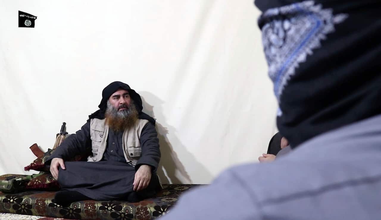 This image made from video posted on a militant website on Monday, April 29, 2019, purports to show the leader of the Islamic State group, Abu Bakr al-Baghdadi, being interviewed by his group's Al-Furqan media outlet (AAP)
