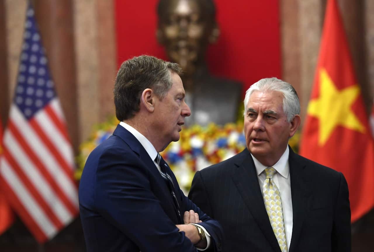 File: US State Secretary Rex Tillerson, right, talks with US Trade Representative Robert Lighthizer 