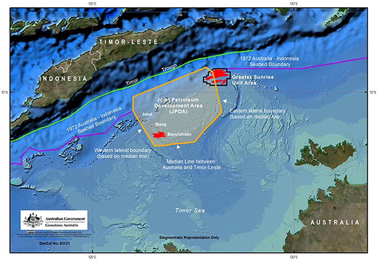 Undated map shows Australia's maritime arrangements with Timor-Leste and the Greater Sunrise gas field. 