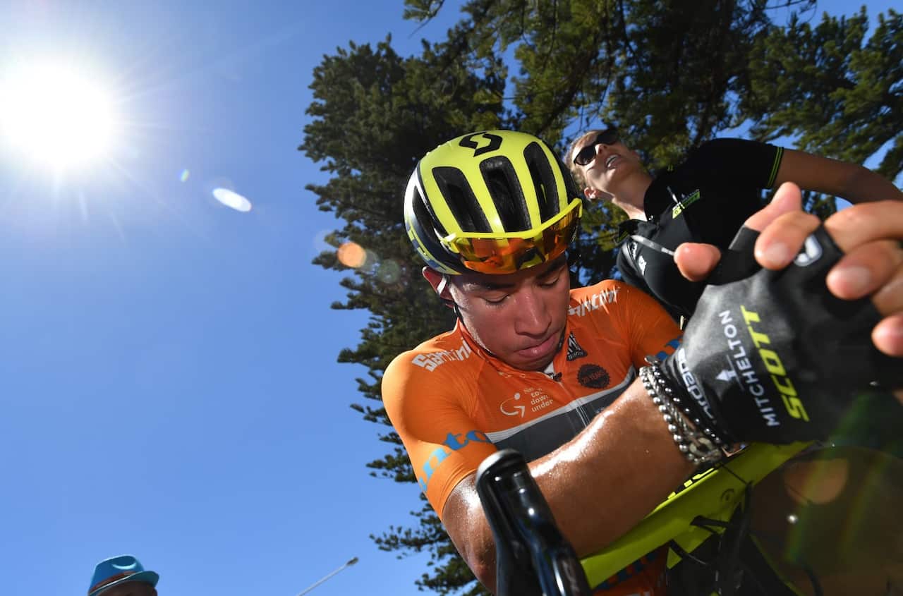 Caleb Ewan after stage three of the Tour Down Under from Glenelg to Victor Harbor, South Australia, Thursday, January 18, 2018 (AAP)