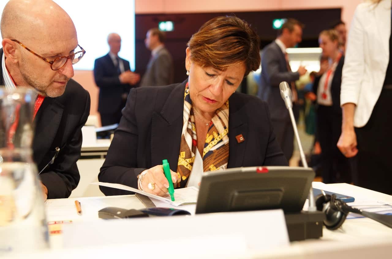 File: Italian Defense Minister Elisabetta Trenta (R) during the informal meeting of European Union defense ministers at the Austria Center Vienna 