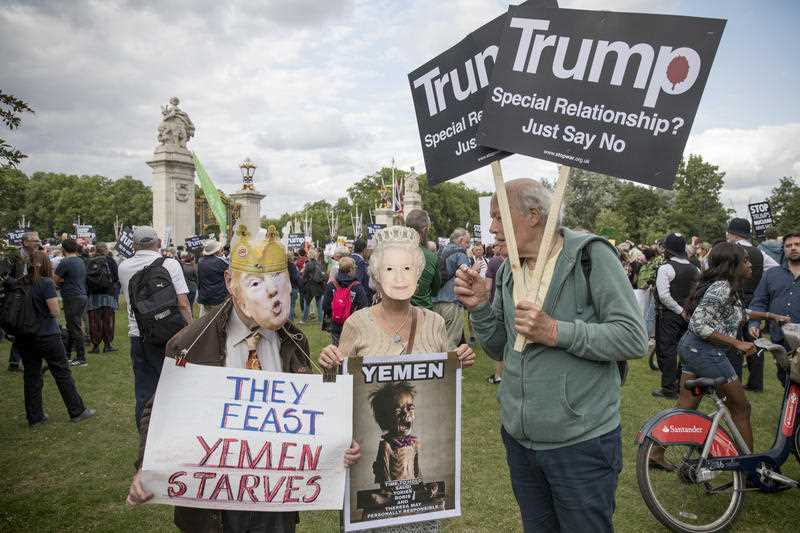Anti-Donald Trump protesters gather in London after the US president's arrival. 