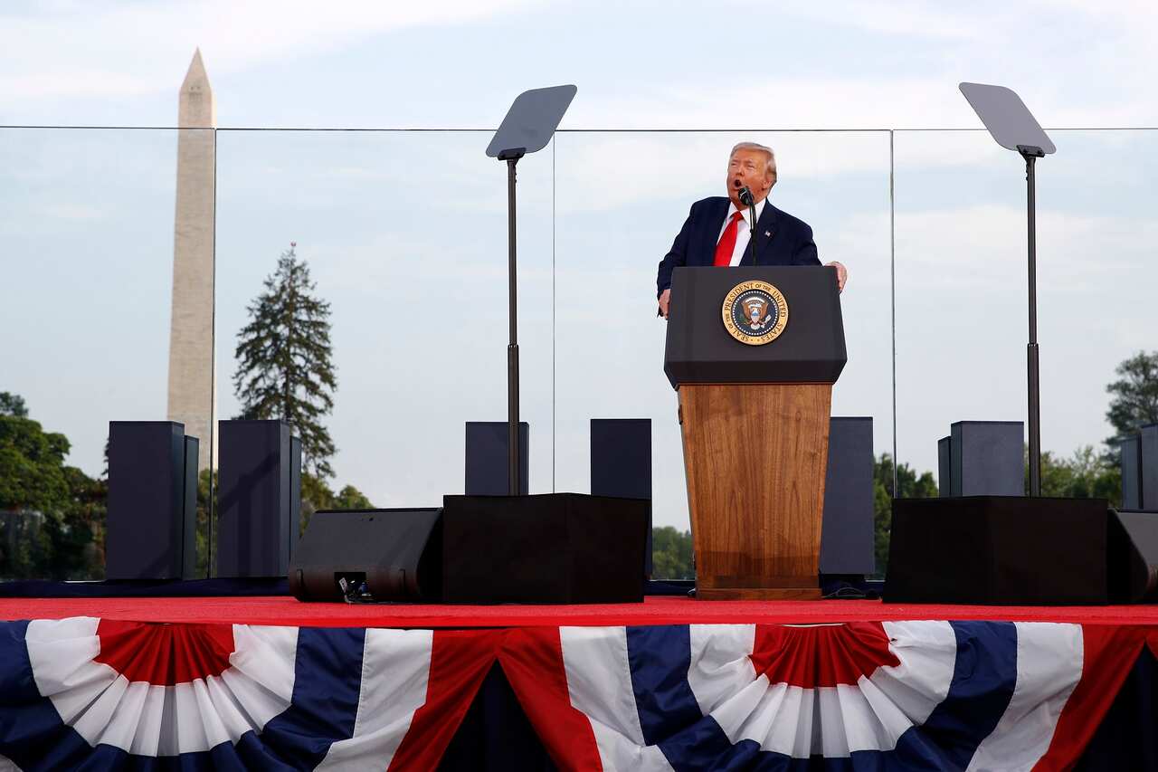 President Donald Trump speaks during a Salute to America event on the South Lawn of the White House.