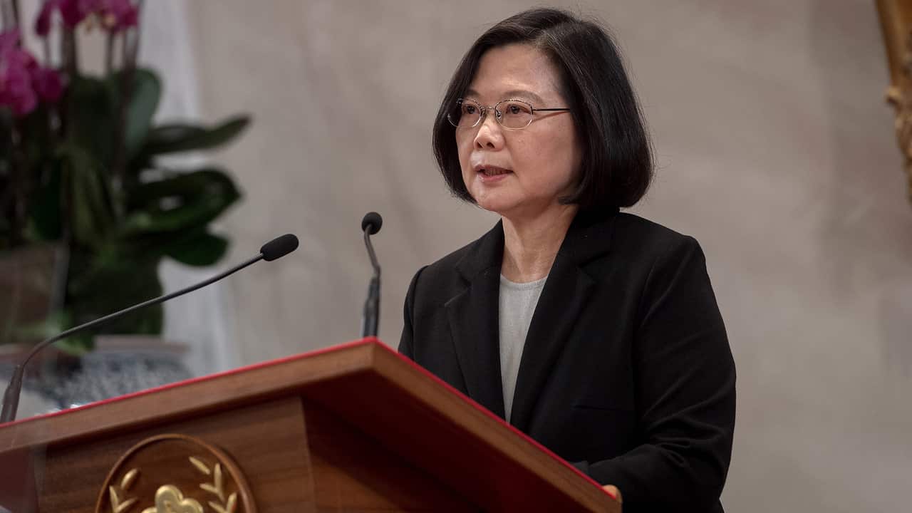 Taiwan President Tsai Ing-wen holding a news conference in reaction to Chinese President Xi Jinping's speech in Taipei.