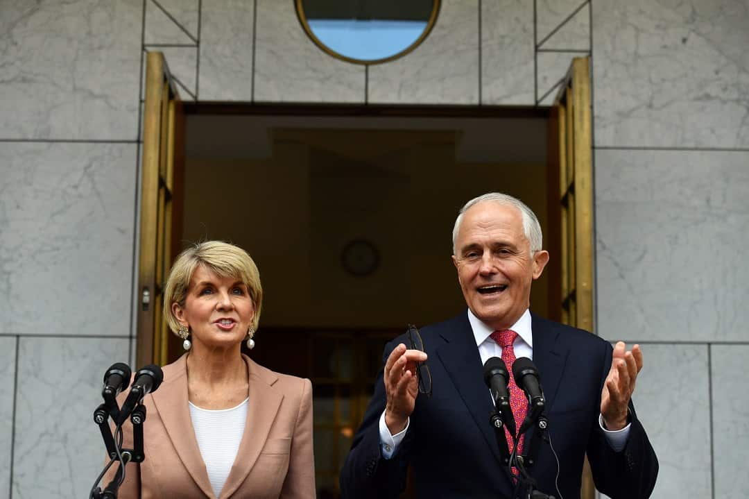 Minister for Foreign Affairs Julie Bishop and Prime Minister Malcolm Turnbull at a press conference at Parliament House in Canberra, Tuesday, August 21, 2018. (AAP Image/Mick Tsikas) NO ARCHIVING