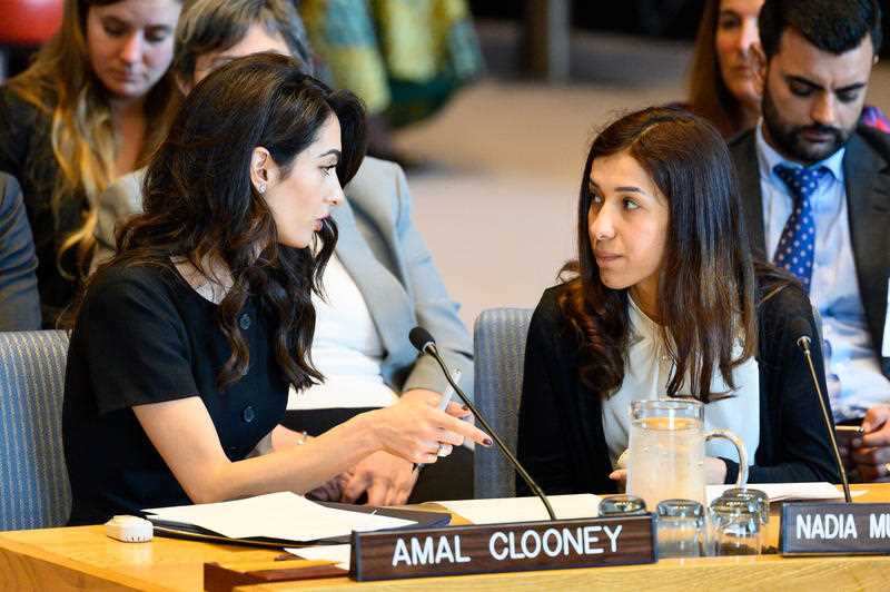 Human rights lawyer Amal Clooney and Nadia Murad Basee Taha, an Iraqi Yazidi human rights activist, during the United Nations Security Council meeting.