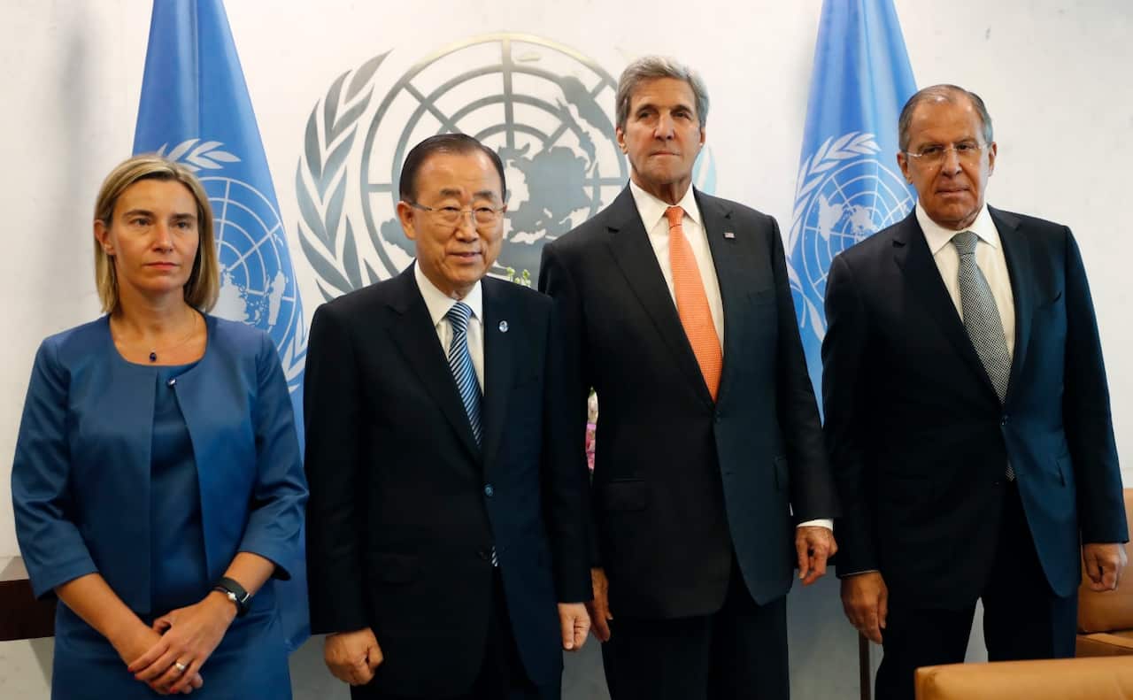 EU High Representative Federica Mogherini, left, UN Secretary-General Ban Ki-moon, US Secretary of State John Kerry and Russian Minister Sergey Lavrov (AAP)