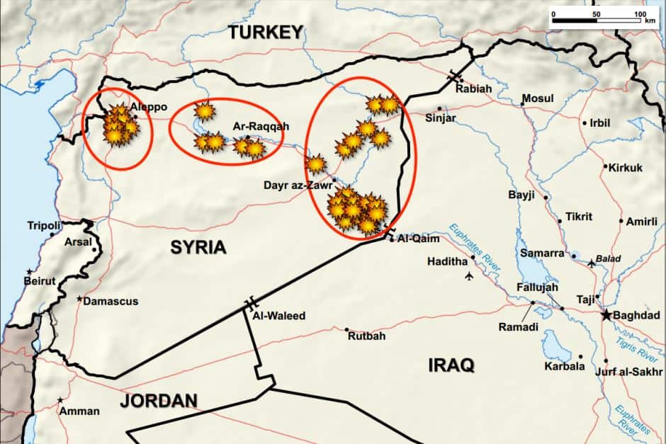 US Central Command map pinpointing the locations of airstrikes in Syria on September 23, 2014. 