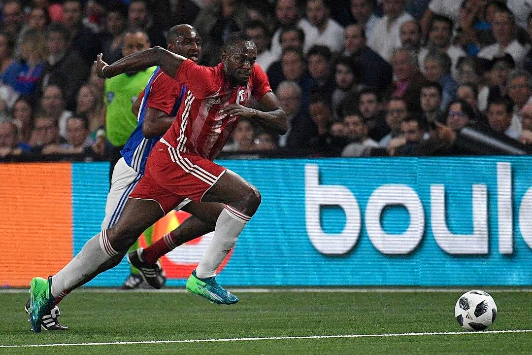 Usain Bolt during a friendly soccer match between a selection of French 1998 World Champion soccer players against an international selection.