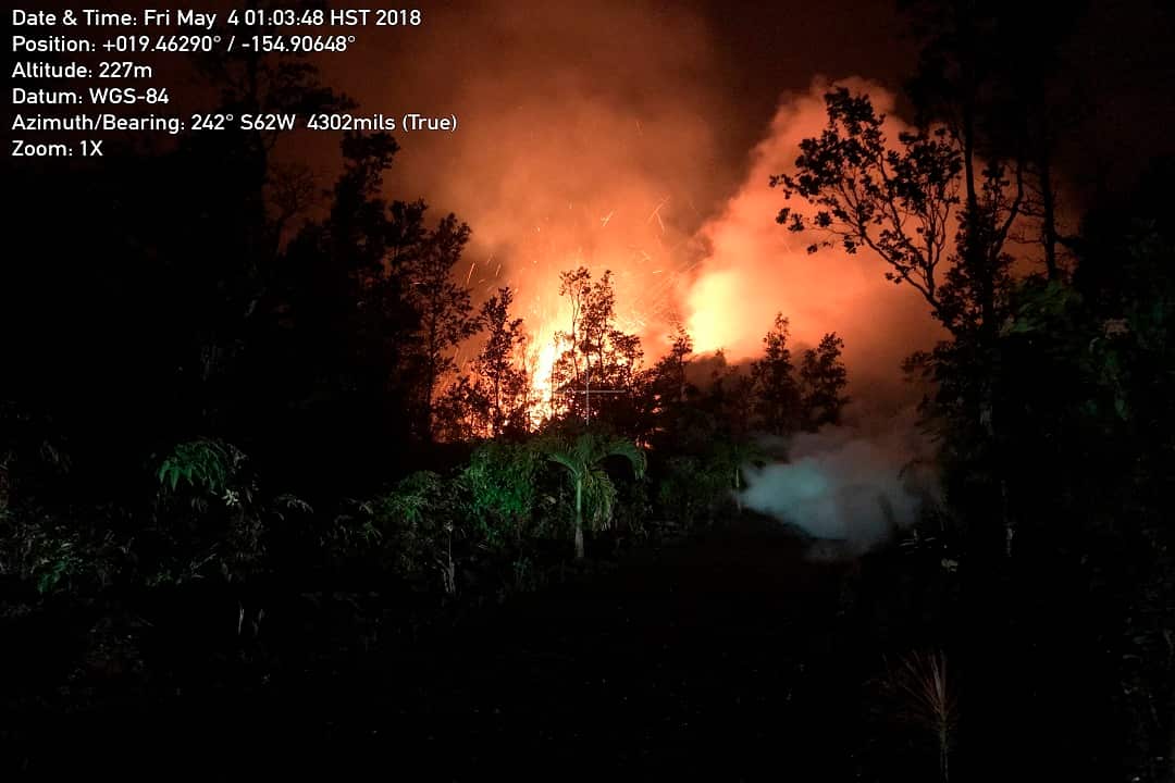 A new lava fissure on Kilauea Volcano's lower East Rift Zone on Makamae and Leilani Streets in the Leilani Estates subdivision near Pahoa, Hawaii.