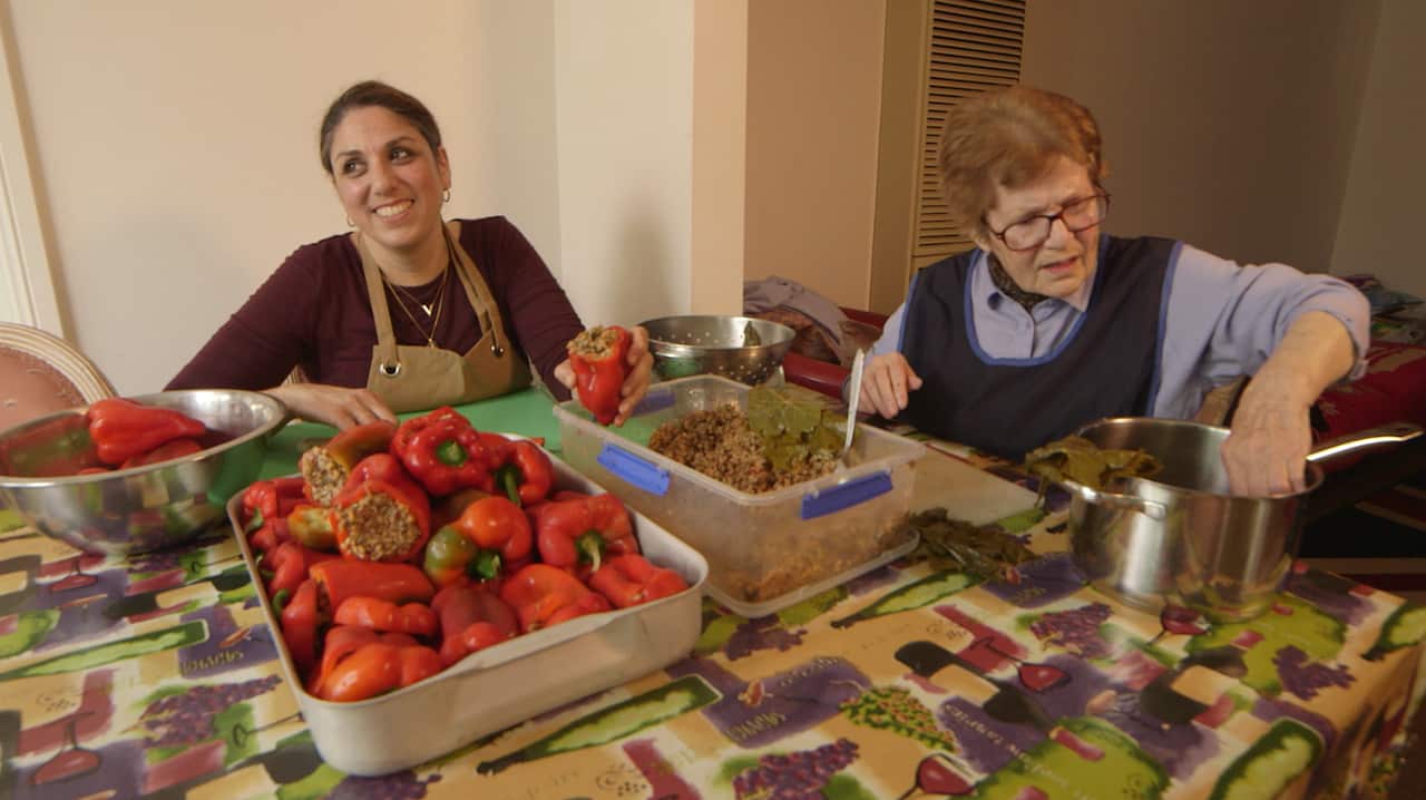Voula Bakopoulos preparing food for her business with her mother.  