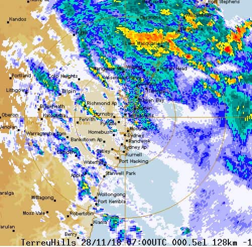 The BoM's weather radar as wild weather moves over Sydney.