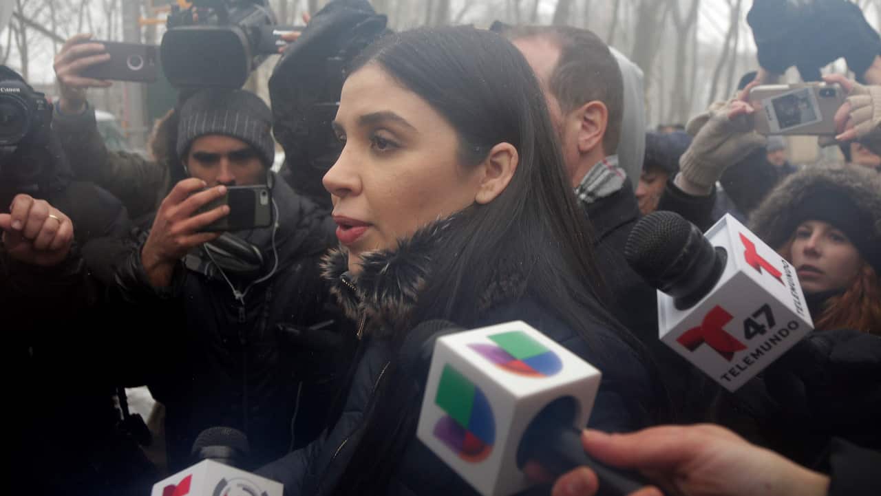 Emma Coronel Aispuro, center, wife of Joaquin "El Chapo" Guzman, leaves federal court in New York on 12/2/19.