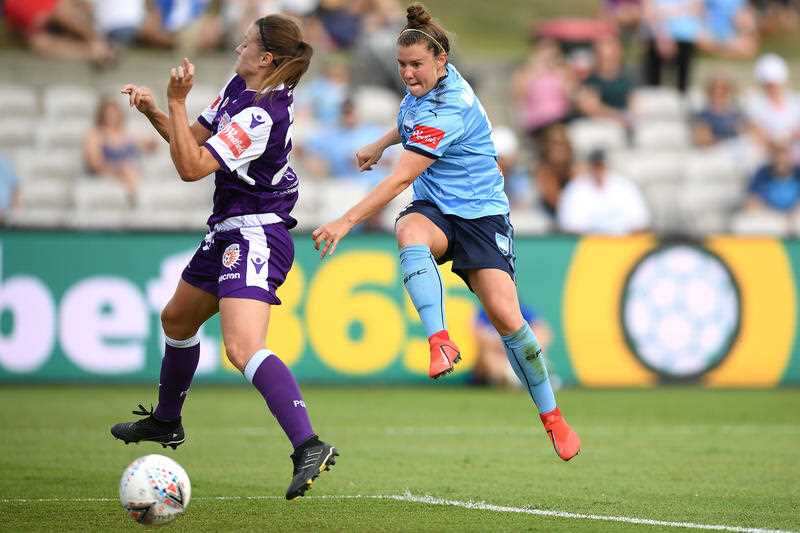 Savannah McCaskill of Sydney scores a goal during the W-League grand final between Sydney FC and Perth Glory.