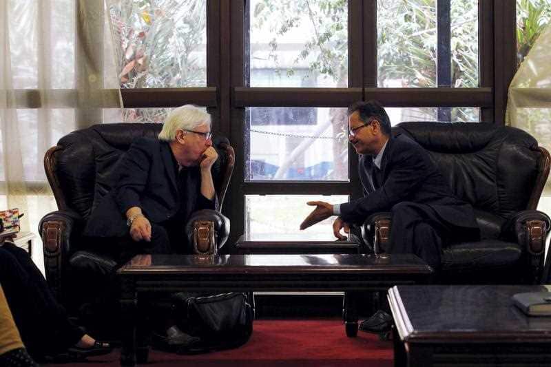 UN Special Envoy to Yemen Martin Griffiths (L) talks to Houthi representatives during a meeting in Sana'a, Yemen,