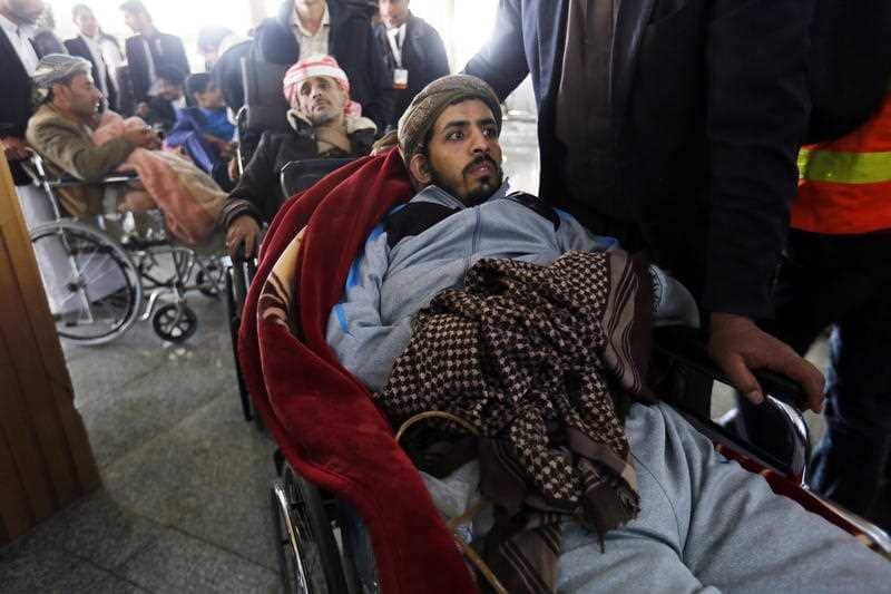 Wounded Houthi fighters wait to be evacuated from the Sana'a International Airport ahead of upcoming peace talks.