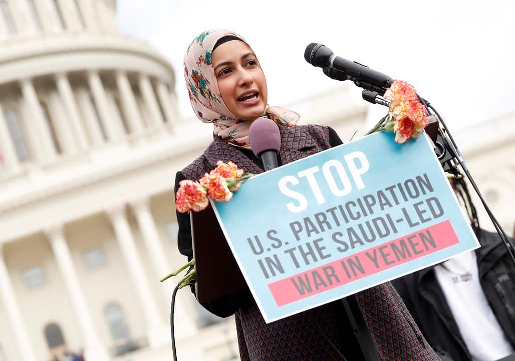 A rally to support a Senate vote sponsored by Sen. Bernie Sanders to withdraw US military support for Saudi Arabia's bombing of Yemen.
