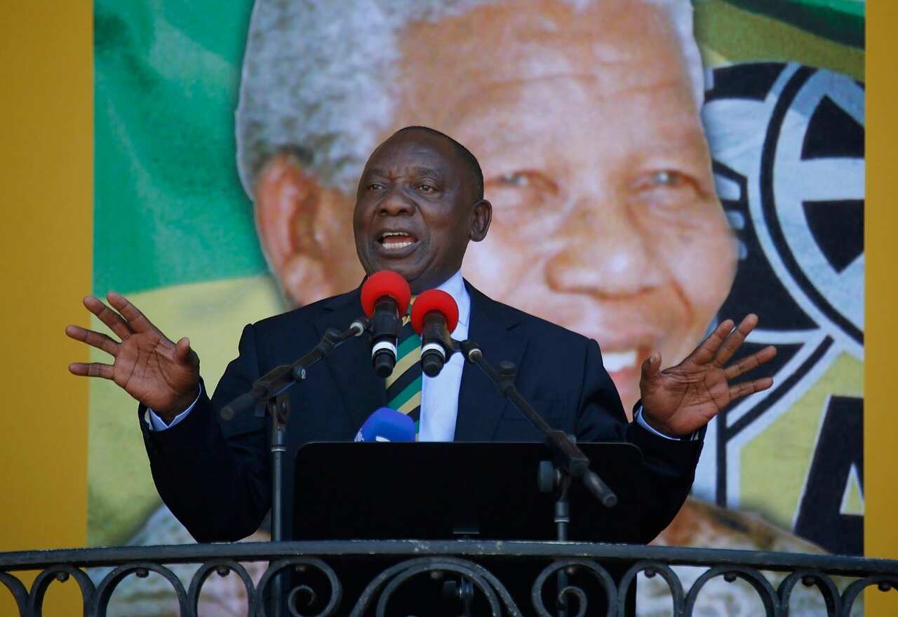 ANC (African National Congress) President Cyril Rampaphosa addresses supporters during his speech at the Mandela100 anniversary event