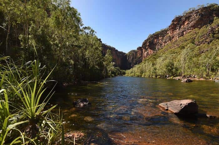 Jim Jim Falls in the World Heritage listed Kakadu National Park, Darwin, Friday, July 3, 2015.  (AAP Image/Dean Lewins) NO ARCHIVING