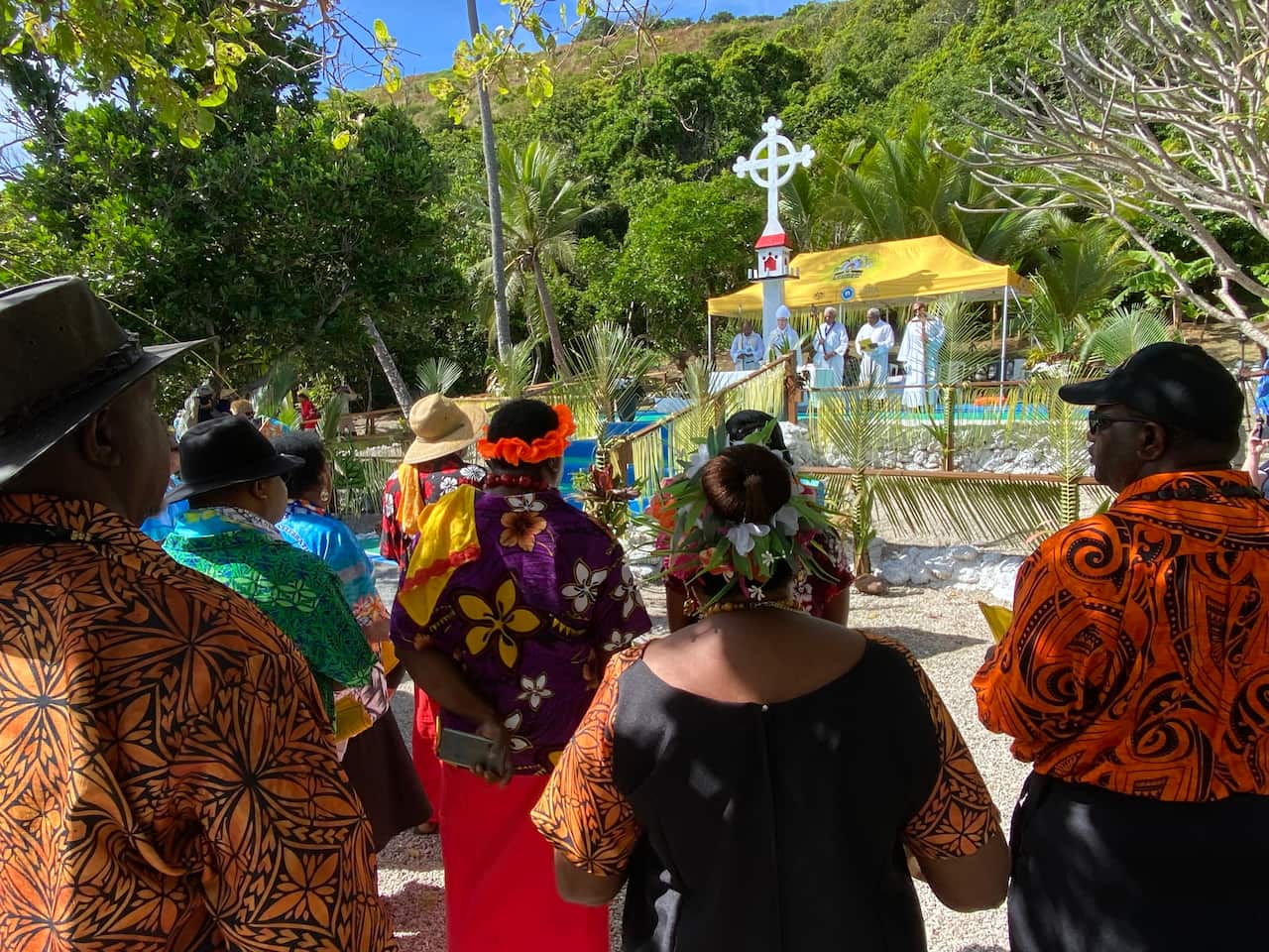 A crowd gathers on Erub Island during the 150th anniversary of Christianity in the region.