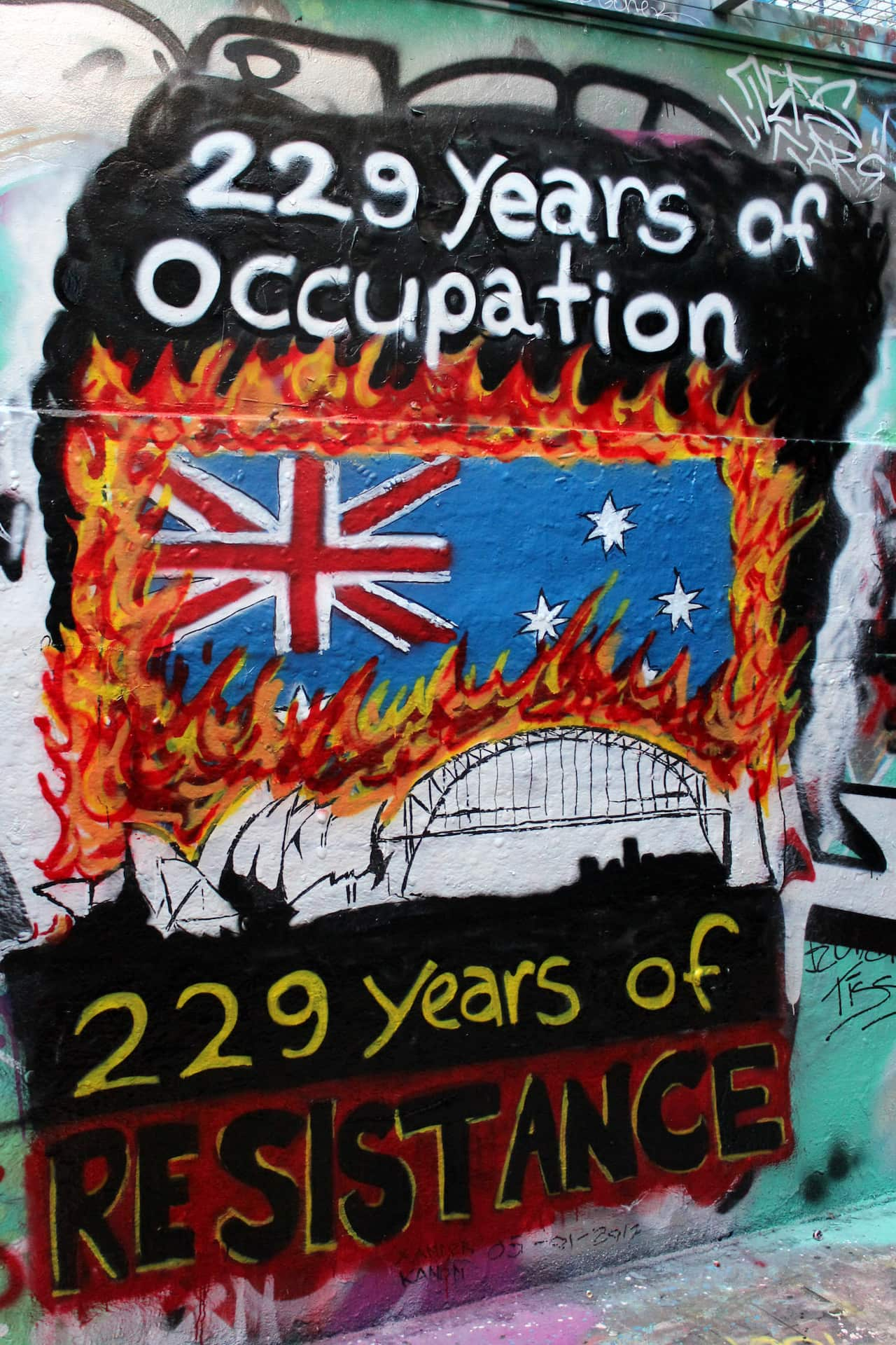 Anti-colonial graffiti painted around sydney in the lead up to 26 January 2017