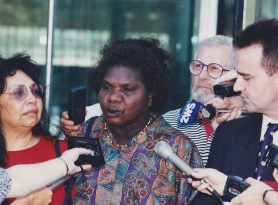 Wik claimant Gladys Tybingooompa speaks to media after the High Court decision in 1996