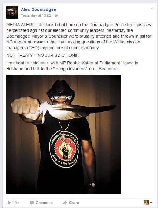 Alec Doomadgee's Facebook post 