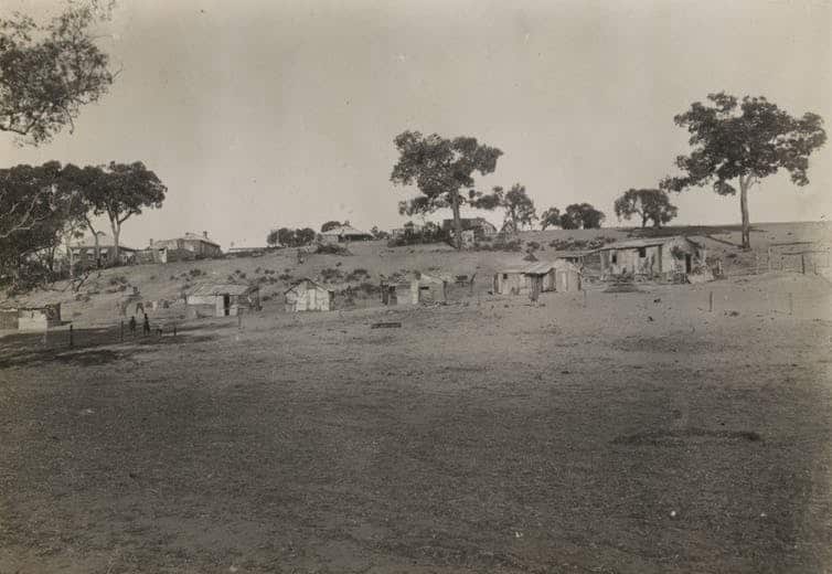 Shacks at Moore River Native Settlement, Western Australia, circa 1920, where Walsh's grandmother was held