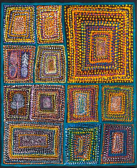 Bush Tucker 2005, acrylic on canvas, Collection of Diane and Dan Mossenson, Perth, Western Australia. (Loongkoonan)