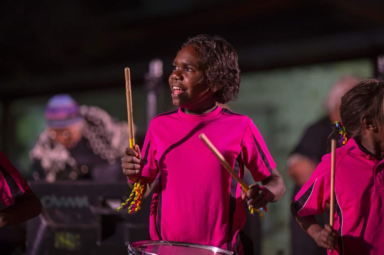Yeperenye School Band drumming for the opening ceremony in Todd Mall, Alice Springs