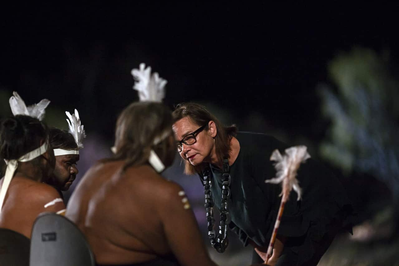 Parrtjima curator, Rhoda Roberts meets The Arrernte Women's Group at the opening ceremony in Toad Mall, Alice Springs.