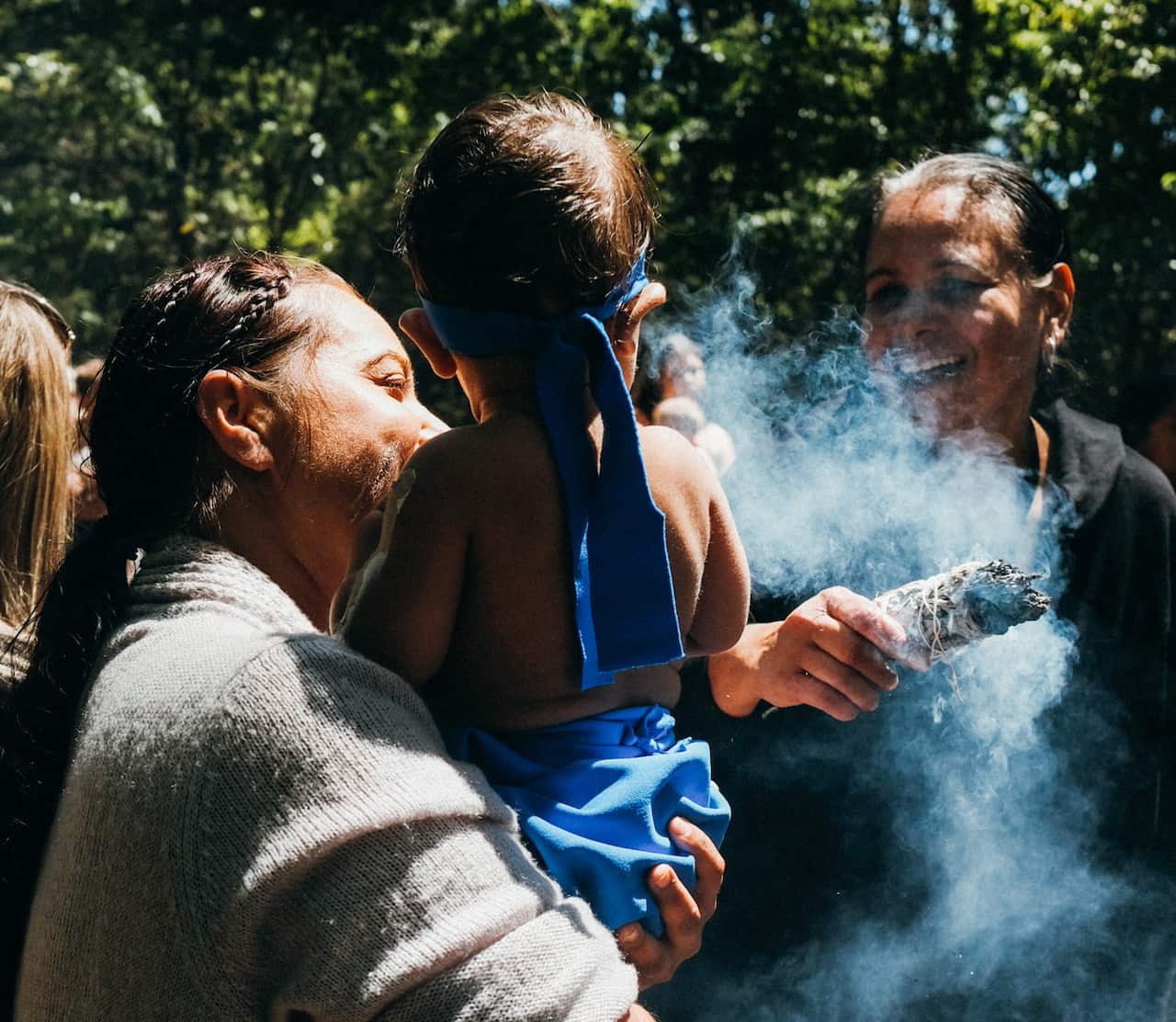 Smoking Ceremony, Welcoming Waminda Goodjaga’s on Yuin Country Mum and Bub, Elizabeth Luland & Nat McLeod.