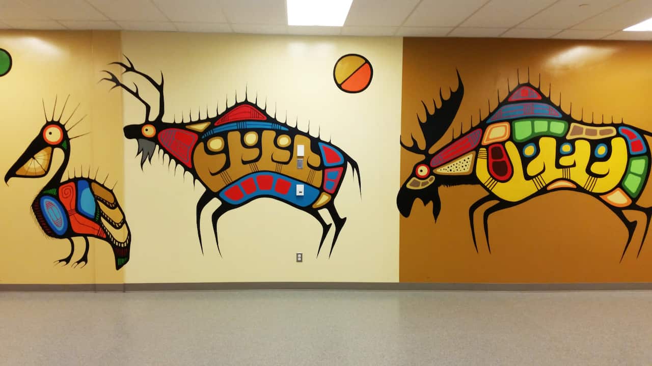 Artwork on the walls of the new school in Pikangikum