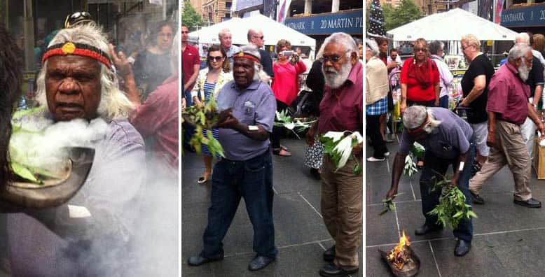 A group of Koori Elders arrived at Martin Place to conduct a smoking ceremony following the Sydney siege. 
