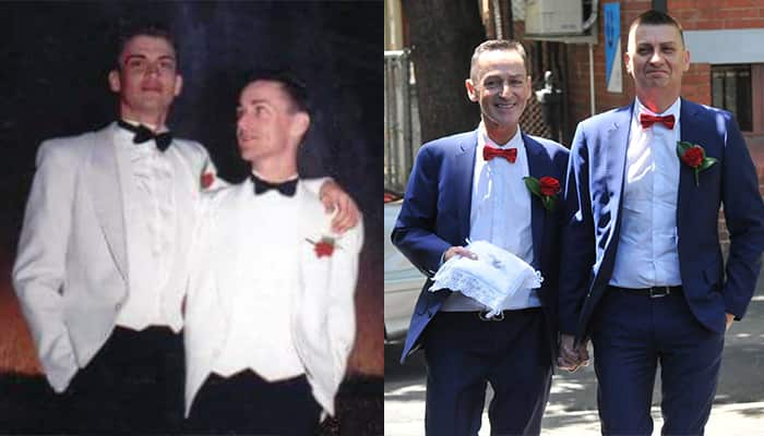 Ron and Antony (L) at their commitment ceremony in 1993, and their official wedding day in January 2018 (R).
