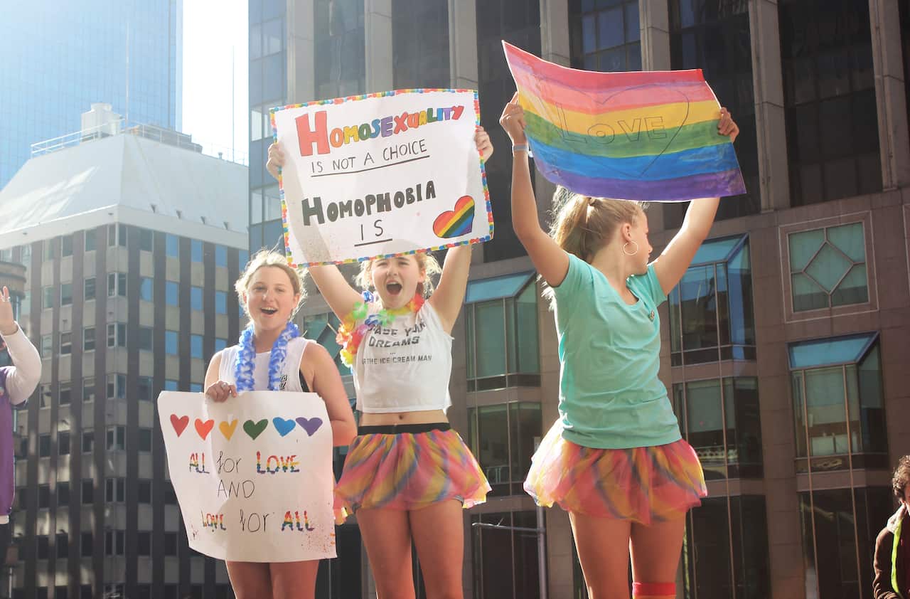 'Homosexuality is not a choice, homophobia is' sign at Sydney Marriage Equality rally on September 10th, 2017. (Photo: Chloe Sargeant / SBS)