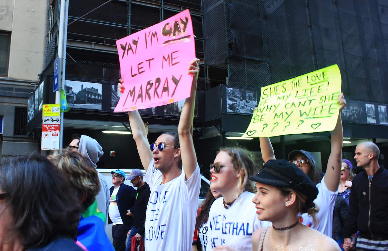 'Yay I'm gay, let me marray' sign at Sydney Marriage Equality rally on September 10th, 2017. (Photo: Chloe Sargeant / SBS)